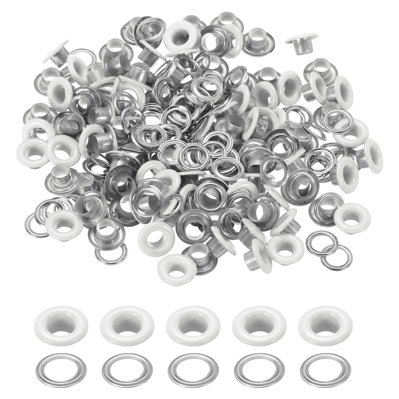 sourcing map 110 Pcs Colored Grommets Eyelets with Washers, 3/16"(5mm) Colorful Grommets Kit Small Round Grommet Eyelets for Clothes Leather Belts Shoes DIY Supplies Accessories, White