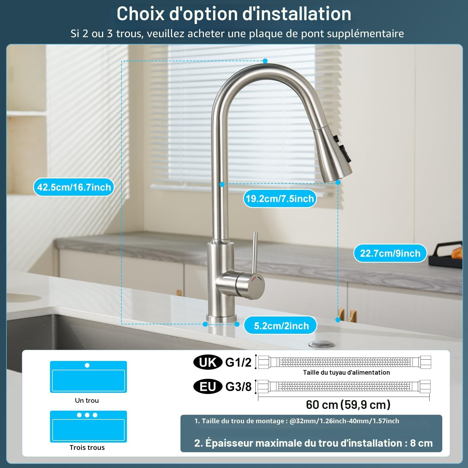 Robinet Cuisine Rabattable Mitigeur Robinet Evier de Cuisine avec 4 Douchette Modes, 360° d'Évier à Arc Élevé Acier Inoxydable Robinet Cuisine (Nickel-c, Spout Height 22.7CM)