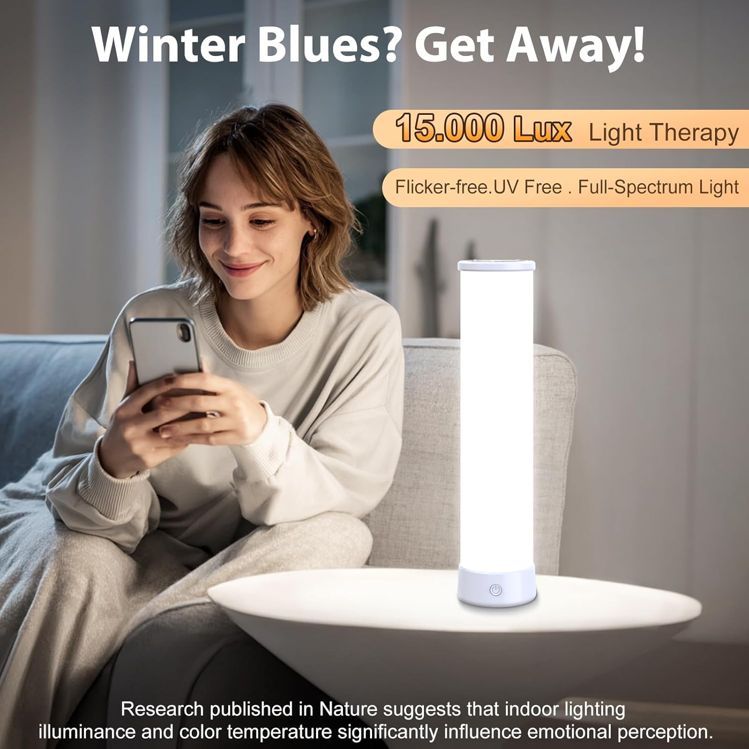 Light Therapy Lamp 15000 Lux, UV-Free Happy Sunlight Lamps with 3 Color Temperatures, Adjustable Brightness, Timer & Memory Function, Full Spectrum Light with Remote Control for Home, Happy Life