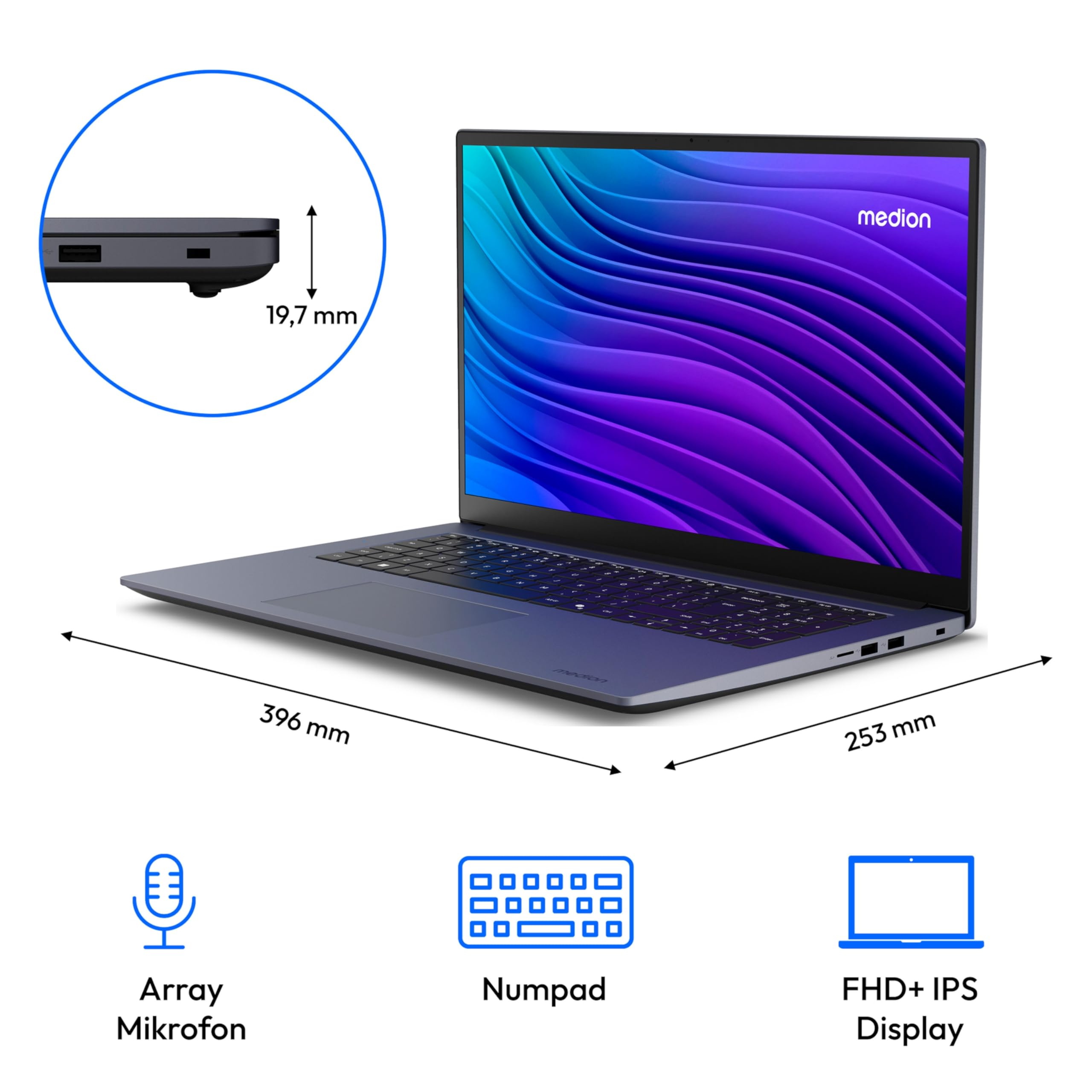 MEDION Avantum 17 E1e 43,9 cm (17,3 Zoll) Full HD Laptop (Intel N100, 4GB DDR4 RAM, 128GB SSD, HD Webcam, WLAN, Windows 11 Home)