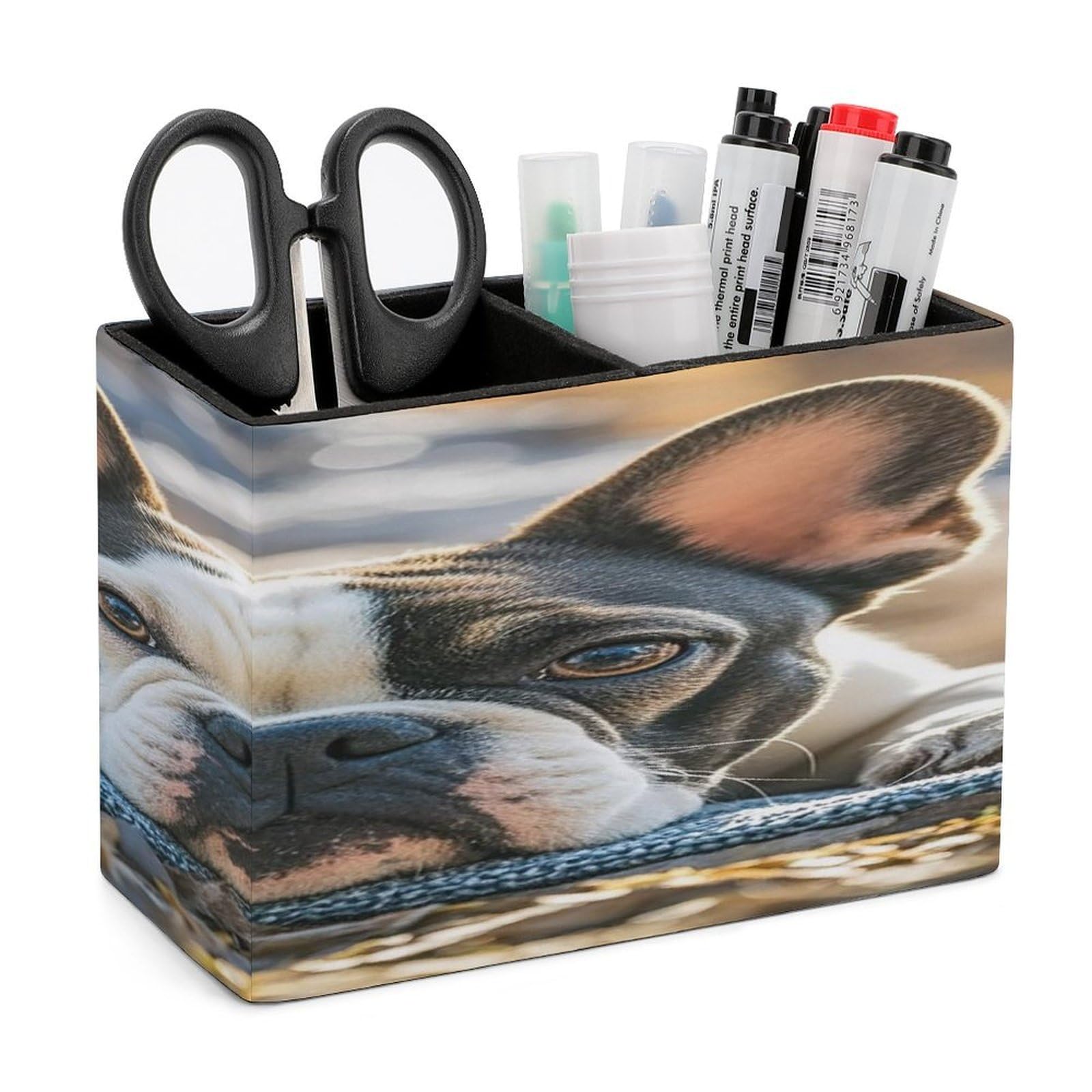 LZQPOEAS French Bulldog Dog Cute Leather Pen Holder with 2 Compartments Luxury Pencil Holder Minimalist Pencil Cup Brush Scissor Holders Elegant Pen Cup for Office Home Desk Accessories