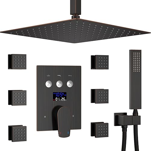 Miniatura 1 de Juego completo de grifos de ducha, sistema completo de ducha de bronce aceitado, pantalla digital de temperatura, botón desviador de grifo de ducha