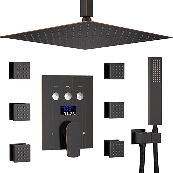 Shower Faucets Sets Complete Oil Rubbed Bronze Shower System, Digital Temperature Display Push Button Diverter Shower Faucet With Handheld,12 Inch Shower Head With 6 PCS Shower Body Jets