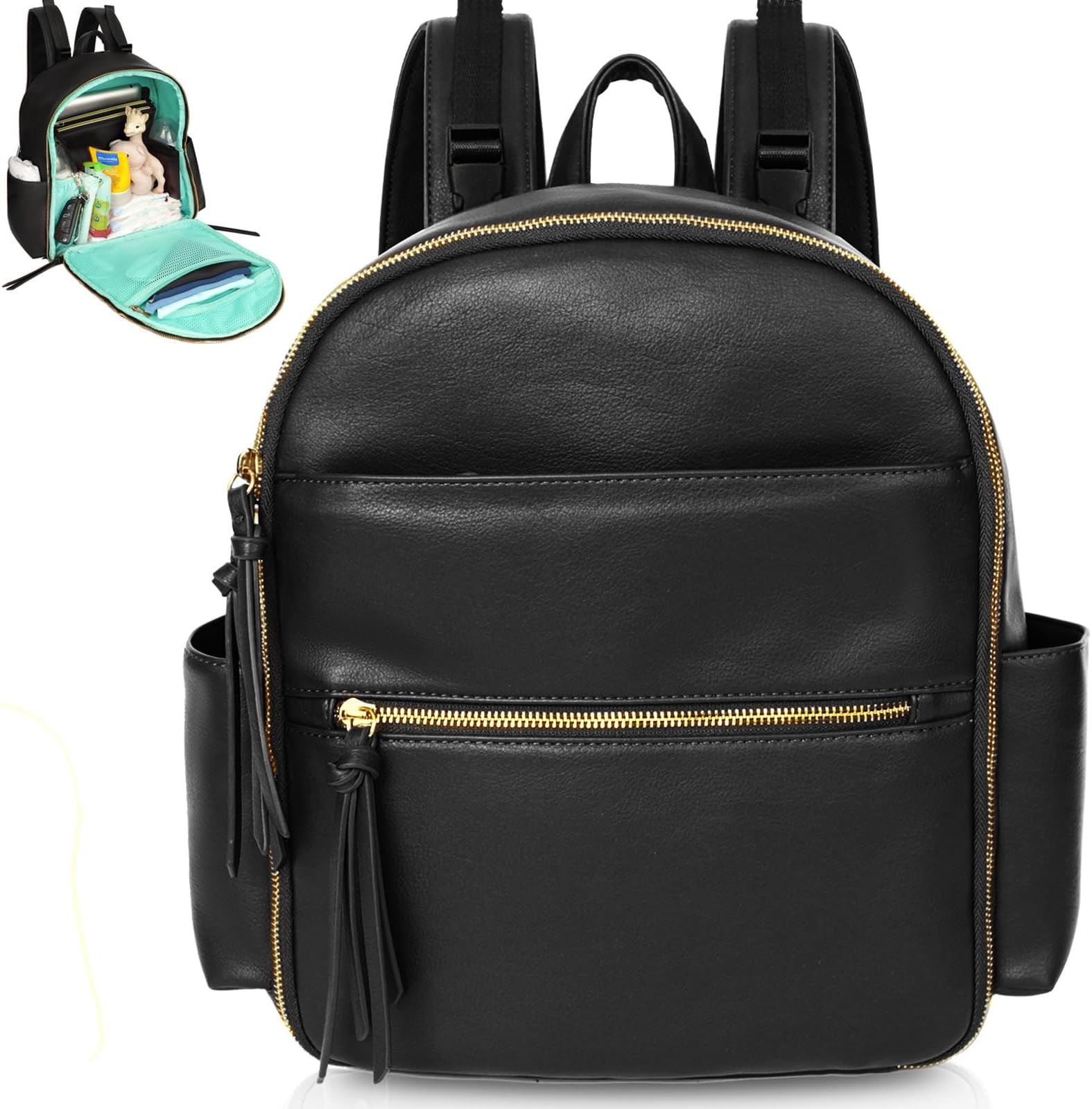 MOMINSIDE Small Diaper Bag Backpack, Mini Diaper Bag with 11 Pockets, Leather Travel Baby Bag for Baby Girls, Diaper Bag Organizers, 2 Insulated Pockets, Stroller Straps, Baby Registry (Black)