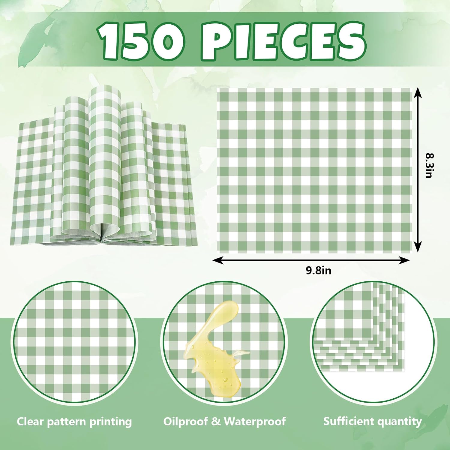 JarThenaAMCS 150Pcs Sage Green Gingham Wax Paper, 9.8 x 8.3 Inch