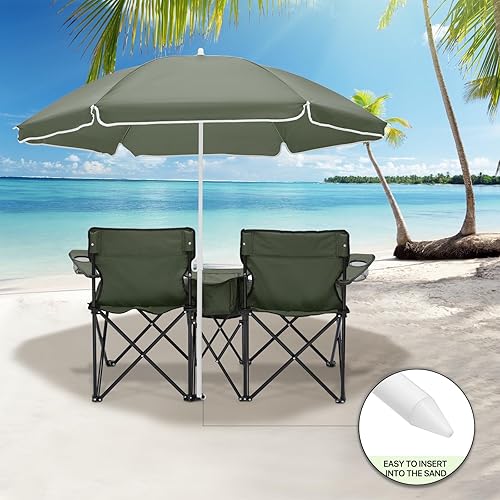 Miniatura 4 de Magshion Silla de campamento doble con paraguas y enfriador para adultos, silla plegable de alta resistencia, color verde oscuro