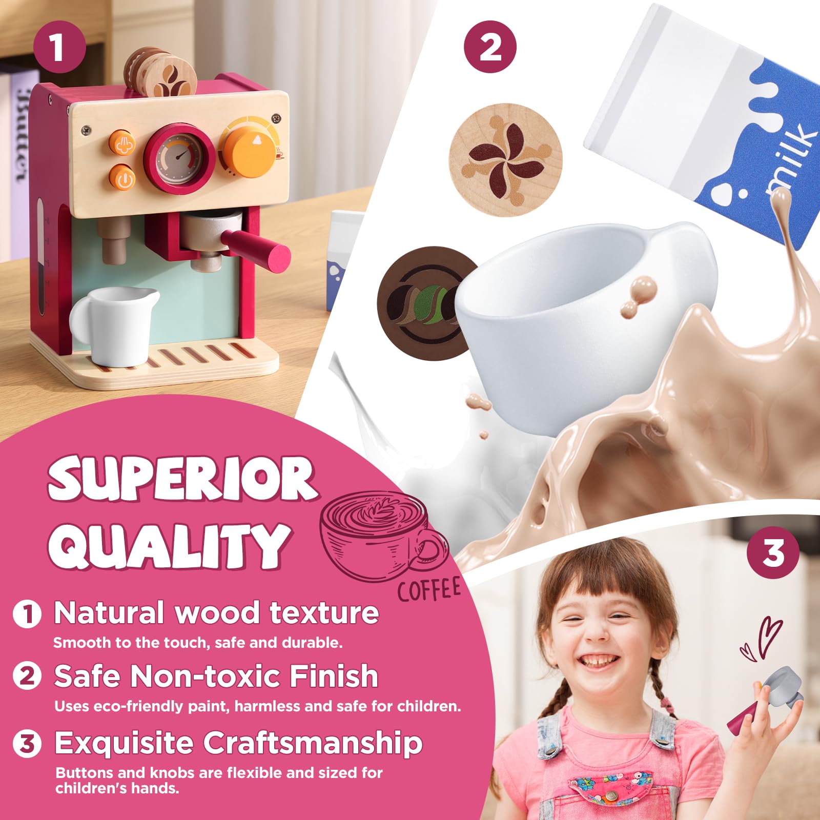 GAGAKU Macchina da caffè in legno per bambini dai 3 anni in poi con lattiera e accessori, giocattolo educativo, gioco di ruolo, regalo di compleanno per ragazzi e ragazze