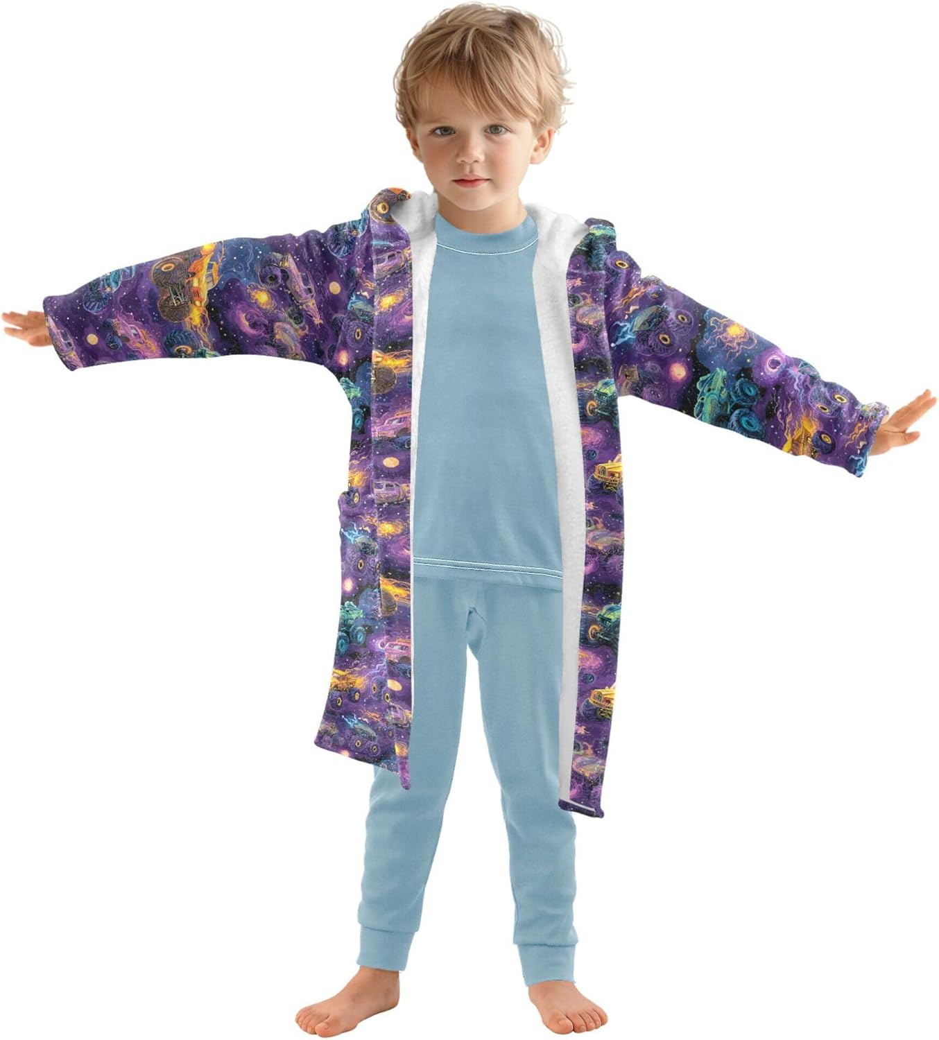 Monster Truck Cars Lightning Bathrobe Hooded PJ Robe Soft Fleece Robe Sleepwear 2-12 Years