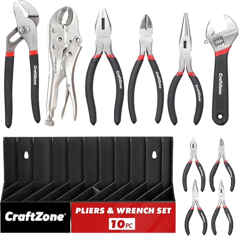 Kit com 10 Alicates e Chave Ajustável CRAFTZONE em Aço-Carbono com Suporte UH-008