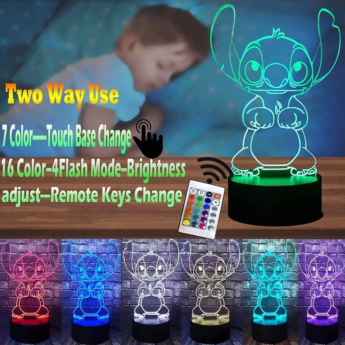 Lampe 3D LED Stitch - Veilleuse Multicolore Télécommande USB - NEUVE