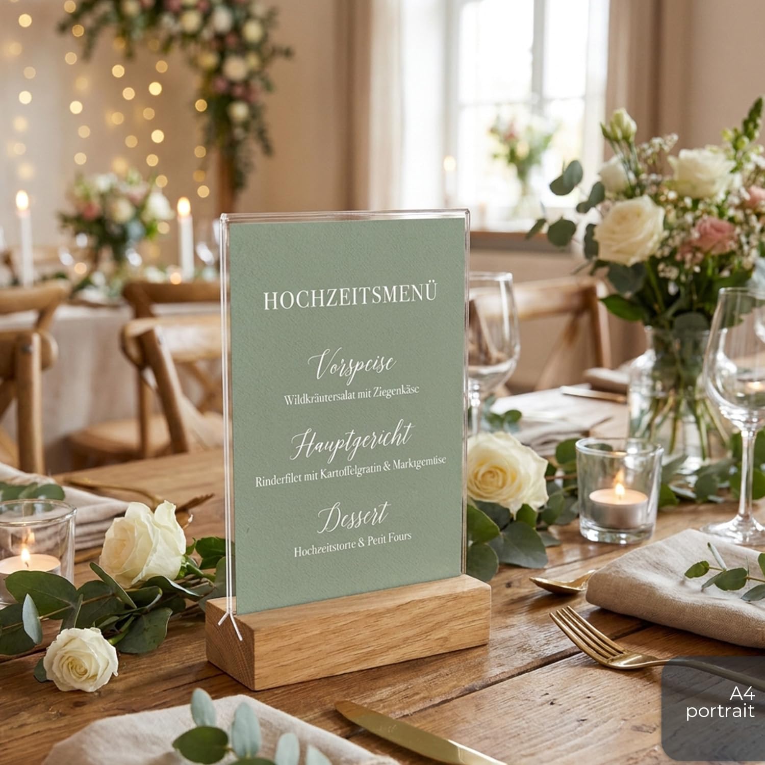 HMF 46944 Présentoir de table en acrylique avec pied en bois | Porte-affiche DIN A4 format portrait | Présentoir de buffet apéritif transparent | 20 pièces