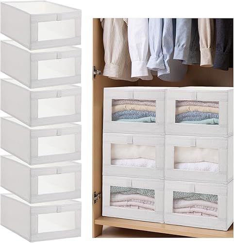 Paquete de 6 organizadores plegables de lino para armario, contenedores de almacenamiento transparentes para ropa, toallas, libros, estantes, beige