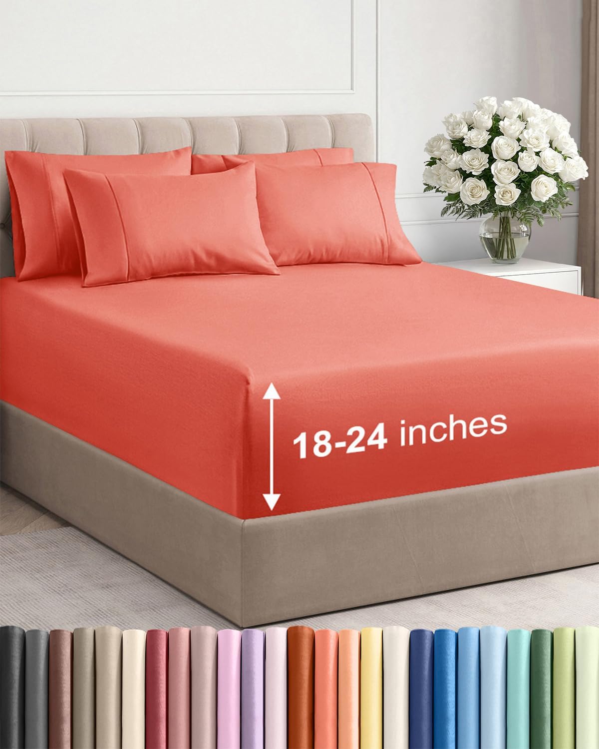 Extra Deep Queen Sheet Set - 6 Piece Breathable and Cooling Sheets - Hotel Luxury Bedding for Women, Men, Kids & Teens - Easy & Secure Fit - Soft, Wrinkle Free and Comfy - Extra Deep Pockets - Coral