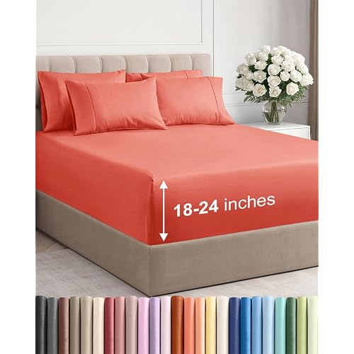 Extra Deep Cal King Sheet Set - 6 Piece Breathable and Cooling Sheets - Hotel Luxury Bedding for Women, Men, Kids & Teens - Easy Secure Fit - Soft, Wrinkle Free and Comfy - Extra Deep Pockets - Coral
