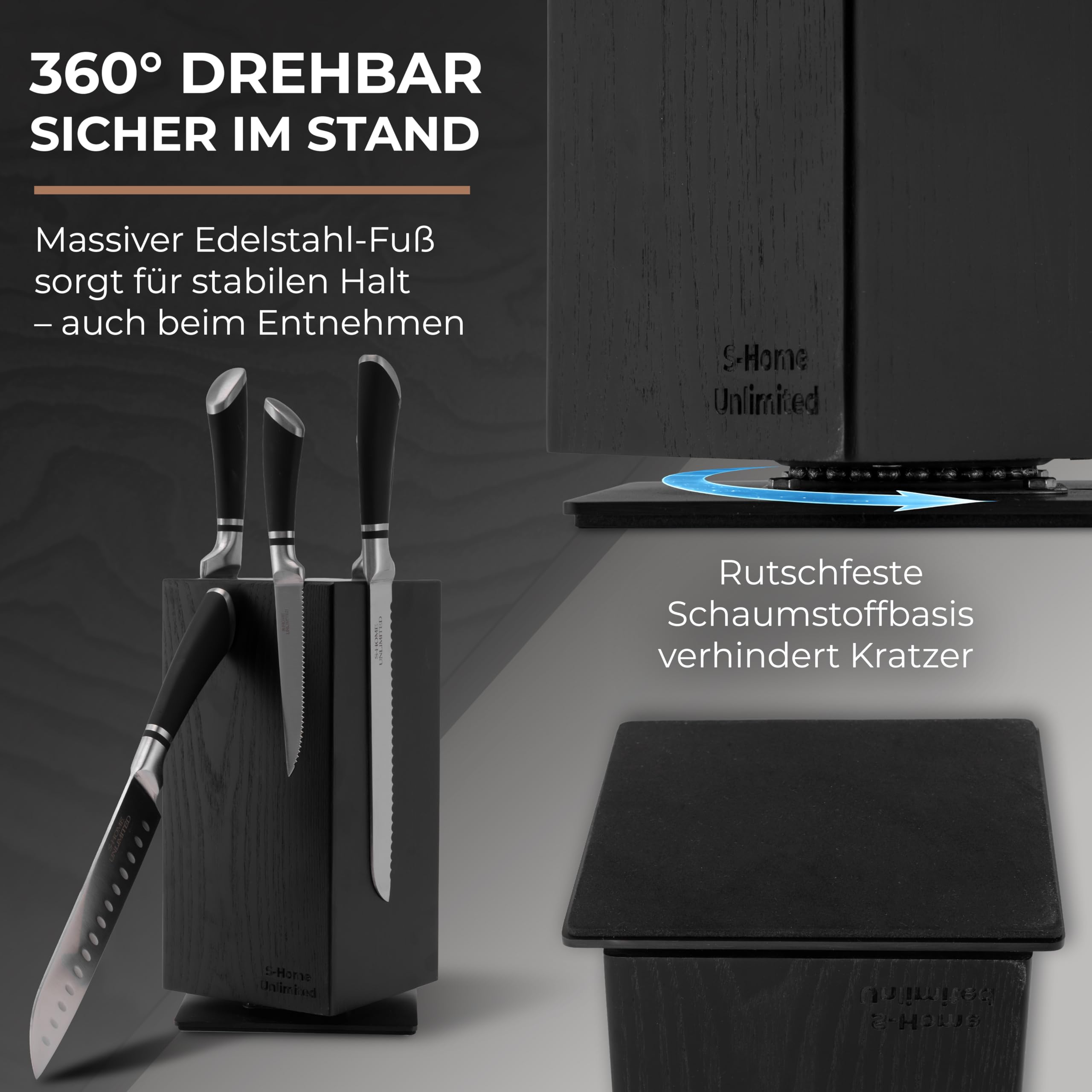 Magnetischer Messerblock ohne Messer | 360° drehbar | Massiver Holzblock in Schwarz mit sichtbarer Maserung | Sicherer Stand dank schwerem Metallfuß
