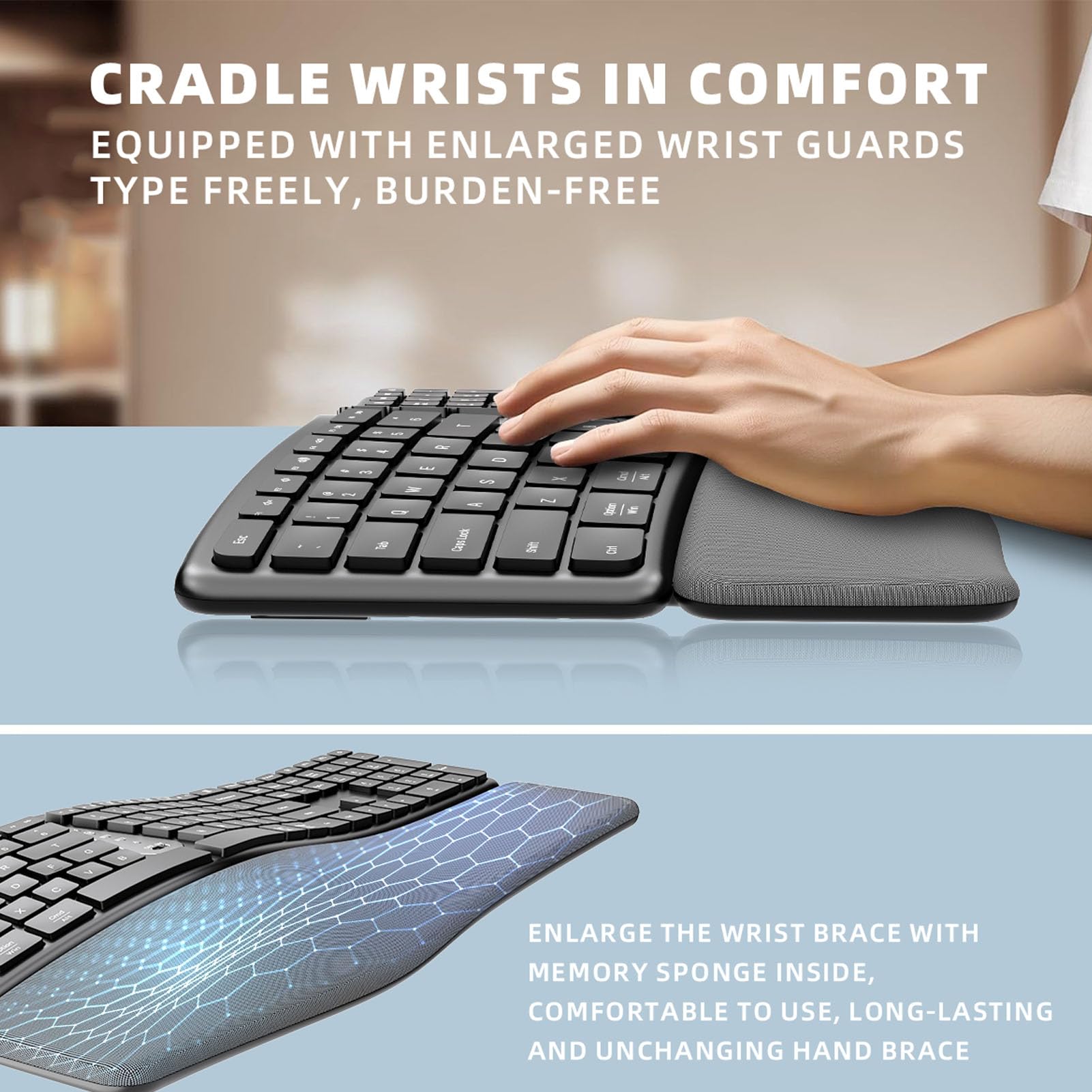 Denash Tastiera Ergonomica Wireless, Tastiera Divisa Bluetooth USB C 2.4G con Poggiapolsi Imbottito, Tastiera per Computer a 111 Tasti per Laptop Desktop