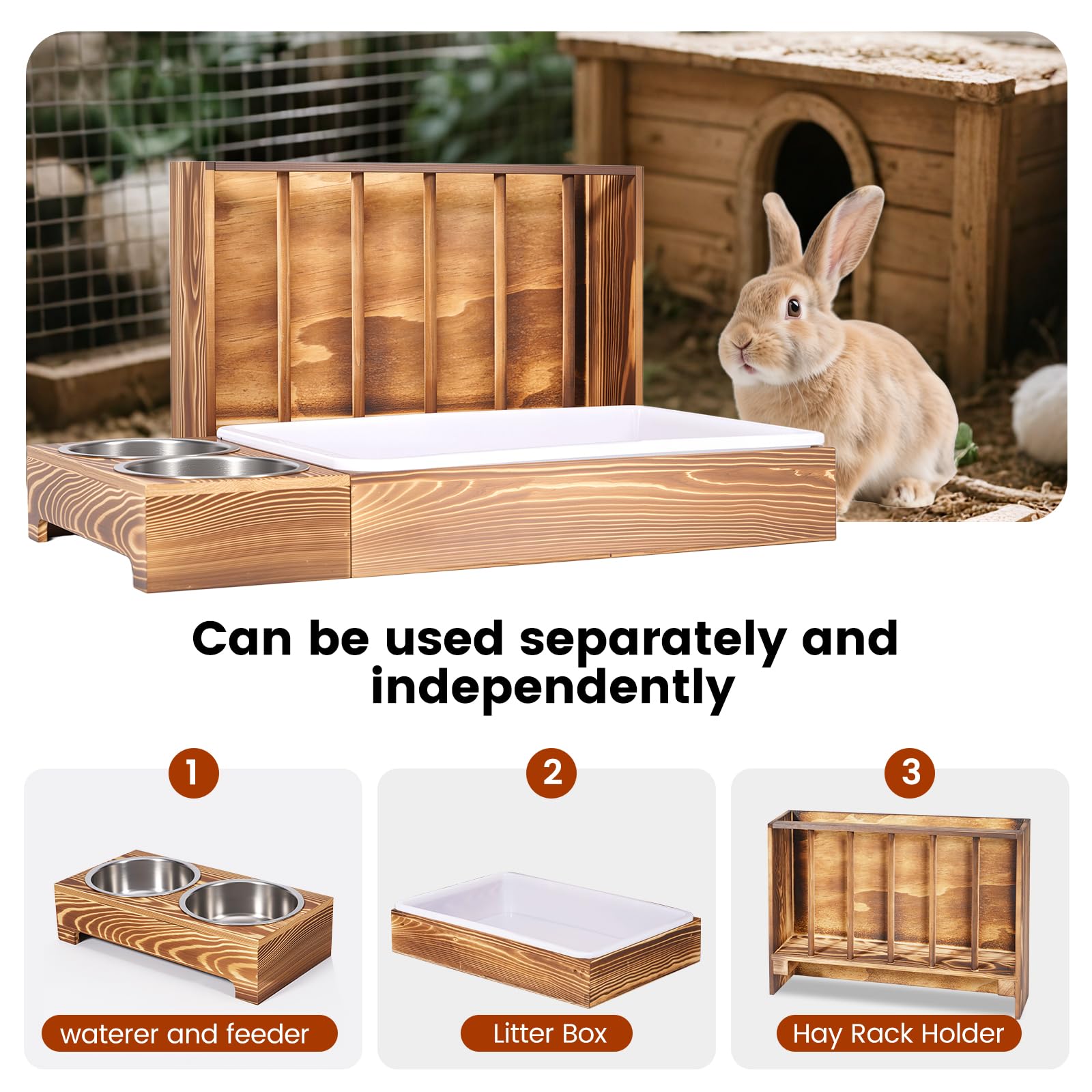 KHEARPSL 3 in 1 Rabbit Hay Feeder with Litter Box and 2 Bowls, Bunny Feeder Guinea Pig hay Rack Holder & Litter Box for Chinchilla Hamsters Guinea Pig Rabbit Bunny Small Animals (Brown) - image 8