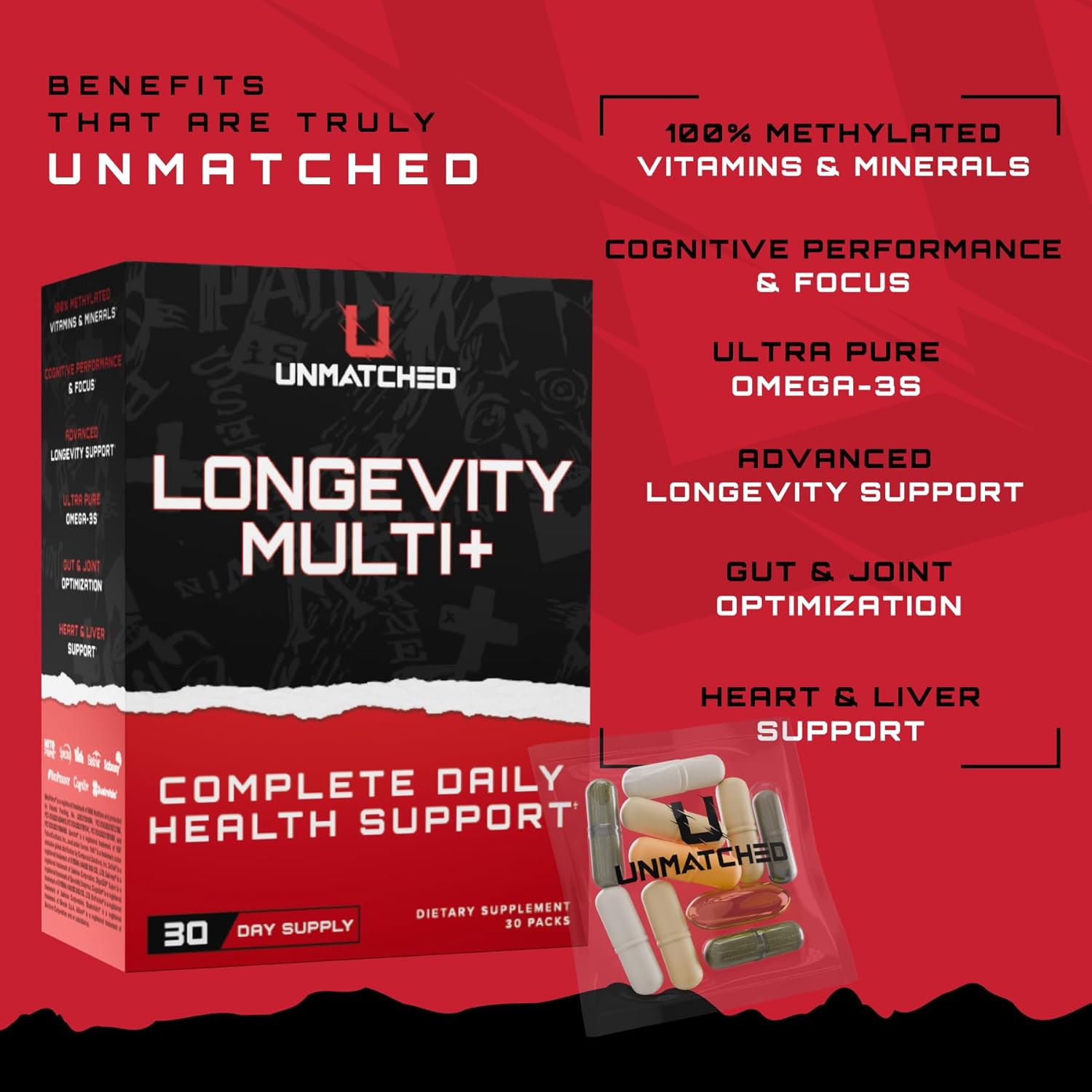 Unmatched Longevity Multi+ | Complete Daily Health Support | Methylated Vitamins & Minerals, Omega-3s, Nootropics, & Longevity Agents | 30 Packs, 30 Day Supply - Image 6