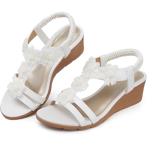 SHIBEVER Womens Sandals Wedge Flower: Open Toe Elastic Ankle Strap Wedge Sandal - Dressy Sandals Women - Comfortable Summer Bohemia