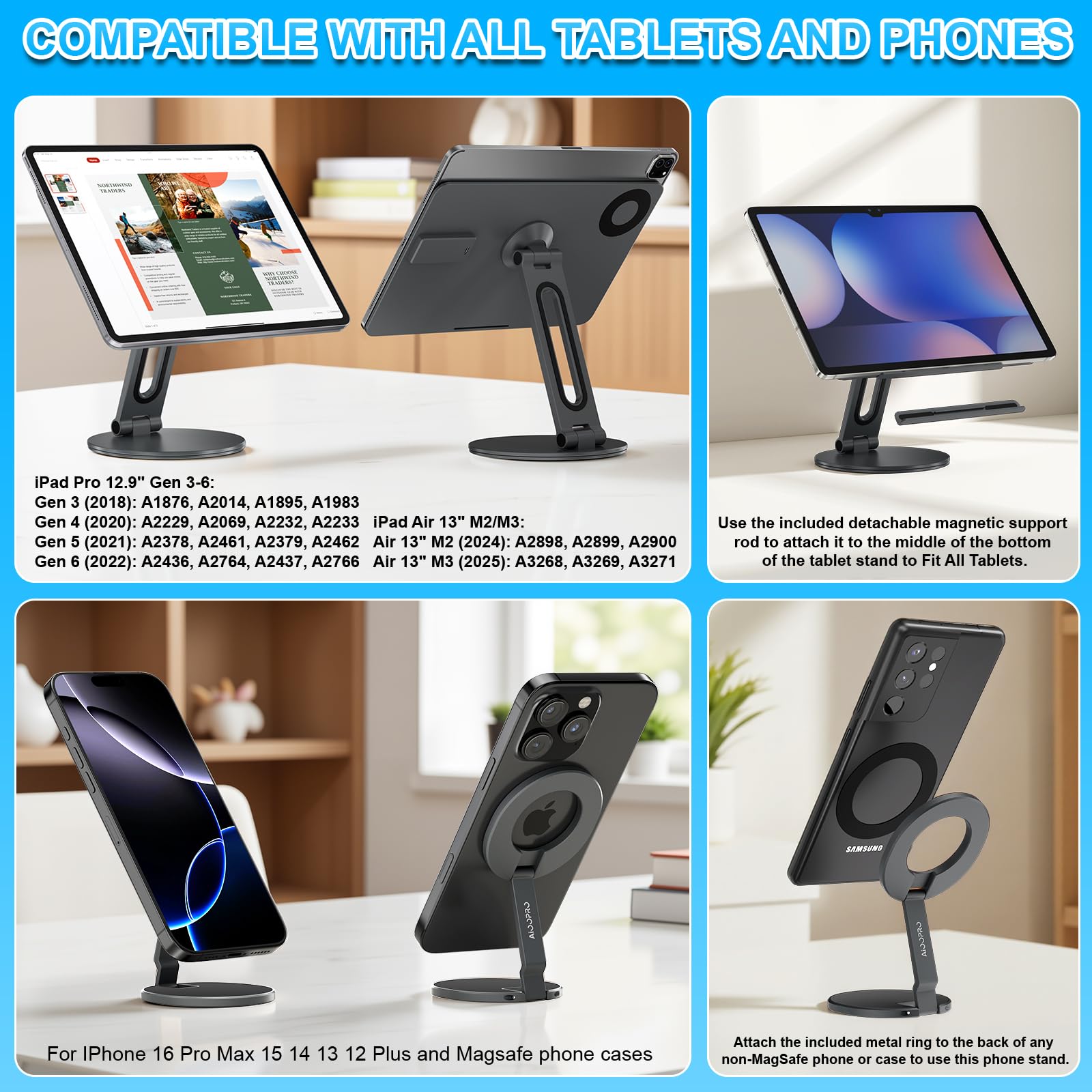 Supporto di ricarica wireless magnetico 2 in 1 per iPad Pro 12.9 e iPad Air 13 (M3/M2) con supporto per telefono MagSafe per iPhone 17-12, supporto da tavolo regolabile in alluminio multi-angolo per