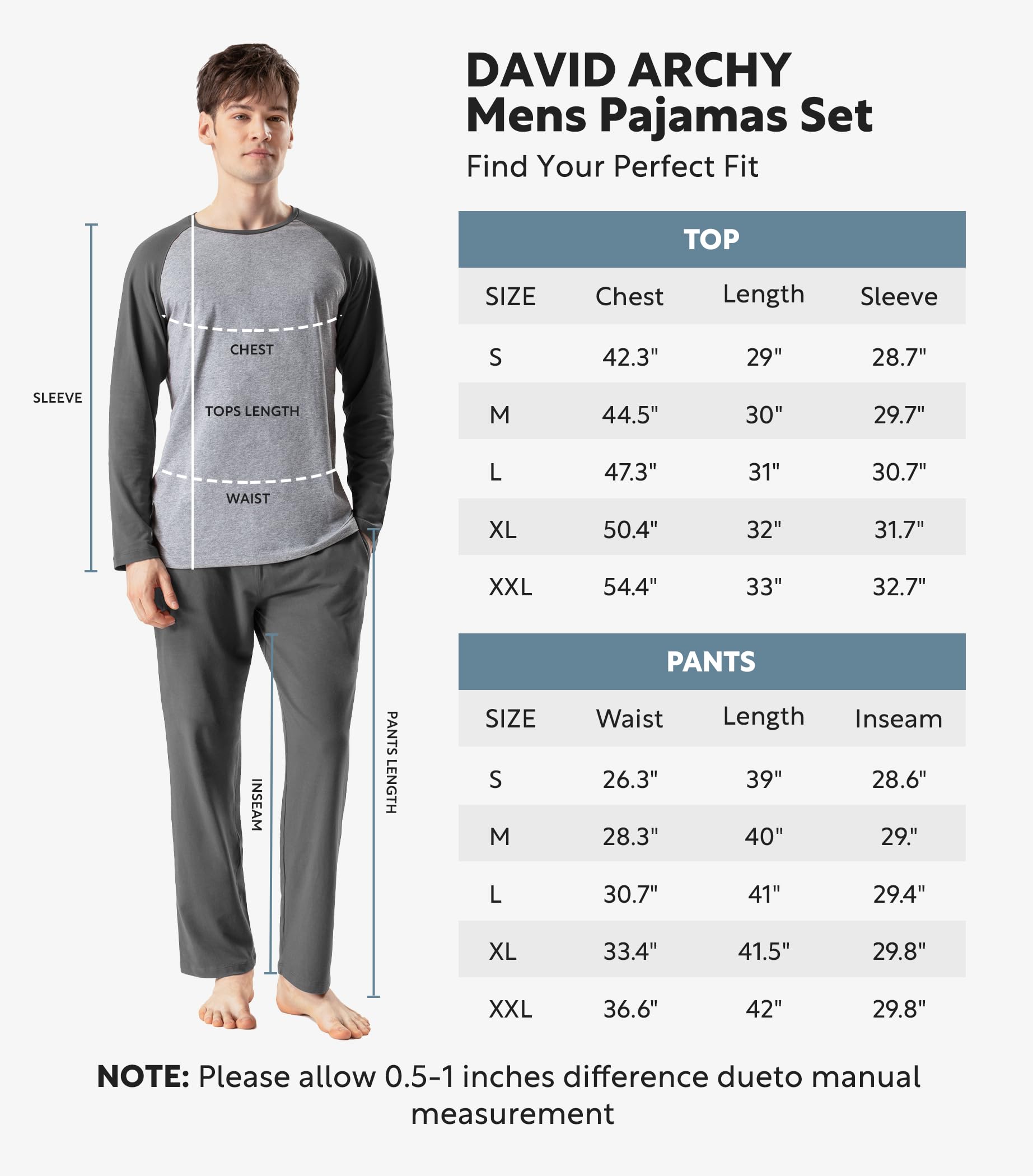 DAVID ARCHY Pijama para hombre, bata de dormir larga de algodón para hombre con bolsillos, suave y transpirable con cuello redondo, gris oscuro, M