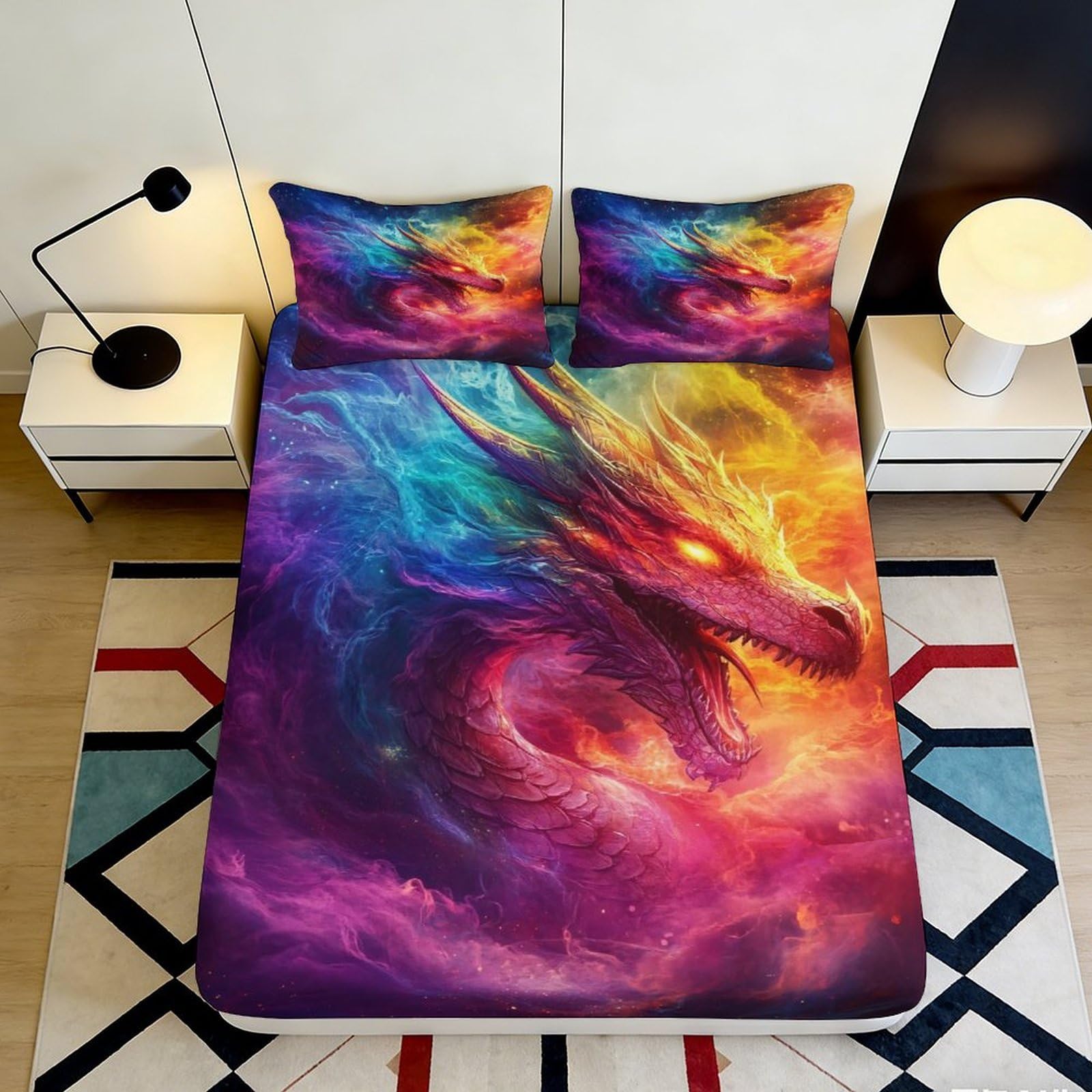 3D Printed Rainbow Dragon Fitted Sheet Microfiber Soft Anti-Slip Fantasy Fire Mattress Cover for Bedroom Decor 90x200x25cm