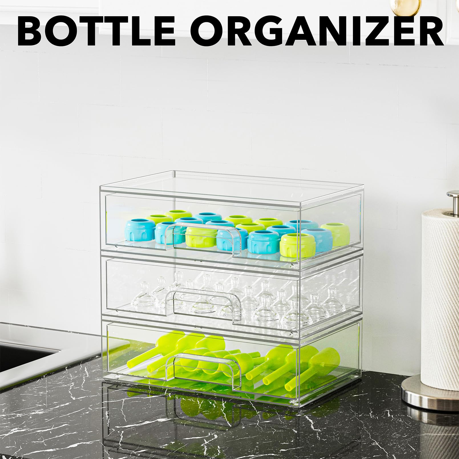 SpaceAid Organizzatore per bottiglie per bambini, contenitore per bottiglie in acrilico, contenitori impilabili trasparenti per piano di lavoro, vanità, bagno, armadio, dispensa, confezione da 3, 3 l