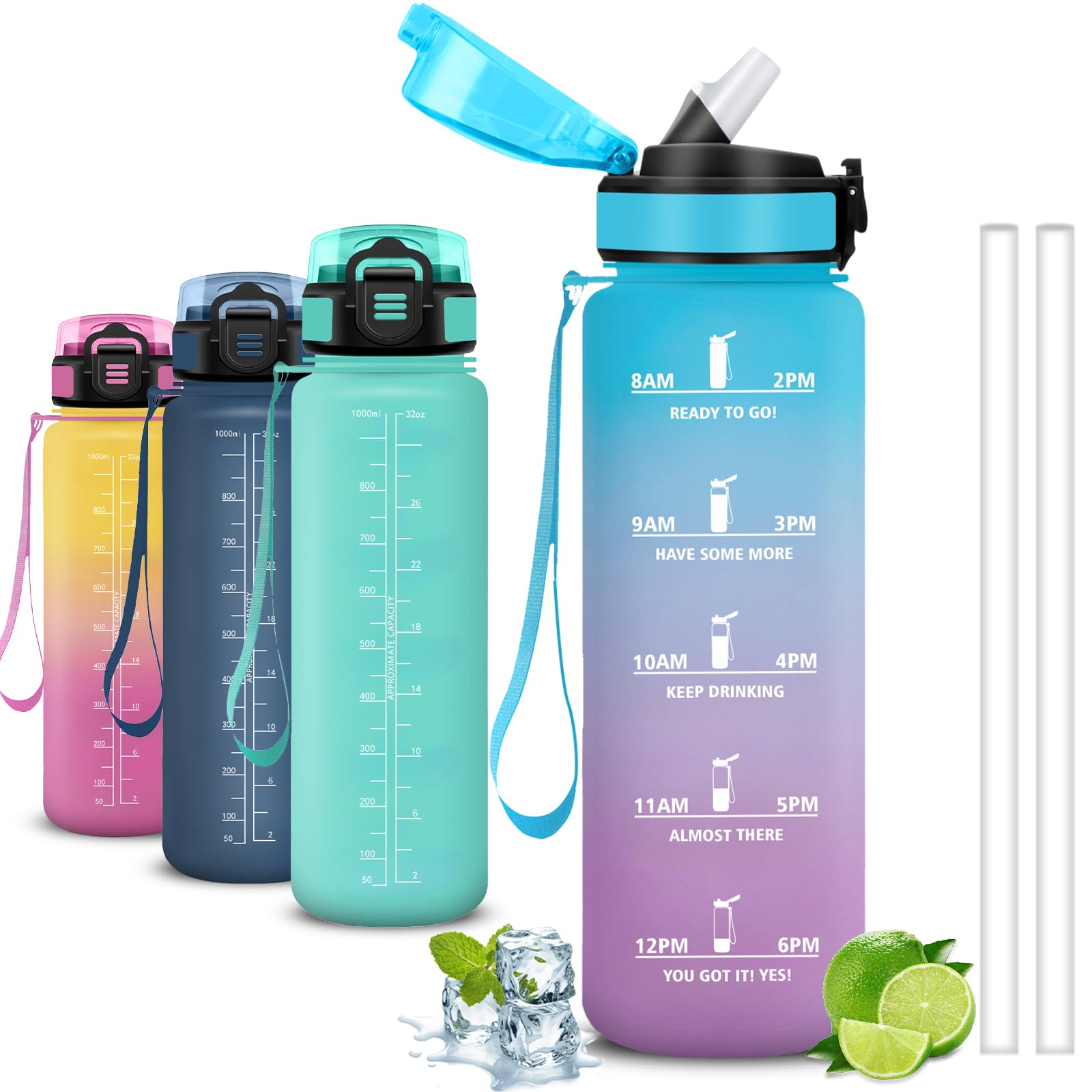 Mujigaga Borraccia 1 litro, Borraccia con Cannuccia, Senza Perdite, Borraccie Motivazionale, Facile da Pulire, Bottiglie Acqua Con Slogan Motivazionale, Borracce per Ciclismo, Campeggio, Nuotare