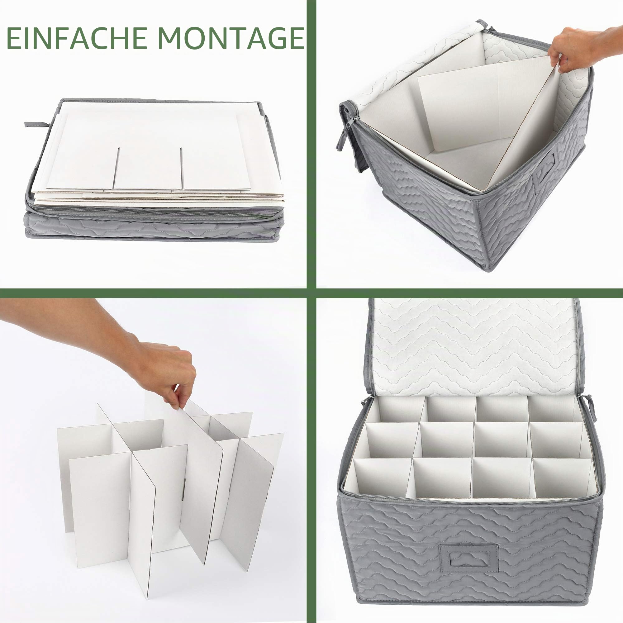 LotFancy China Aufbewahrungsbehälter, gesteppt, 6-teiliges Set, Aufbewahrungsbox, für Porzellan, Stielglas, Geschirr, Geschirraufbewahrungsservice für 12, 48 Stück Filzschoner, Papp-Trennwände im