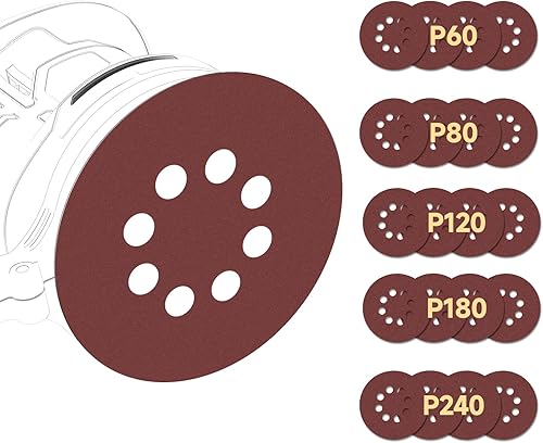 20 piezas de discos de lijado de 5 pulgadas, juego de papel de lija de 8 agujeros de gancho y bucle de grano 60 80 120 180 240, discos de papel