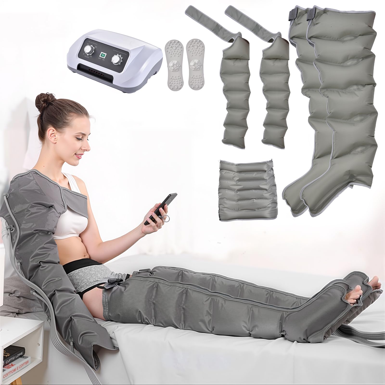 Dispositivo per drenaggio linfatico, massaggiatore professionale con 6 camere d'aria, per gambe, piedi, braccia e addome, facile da regolare e utilizzare, rilassamento efficaces