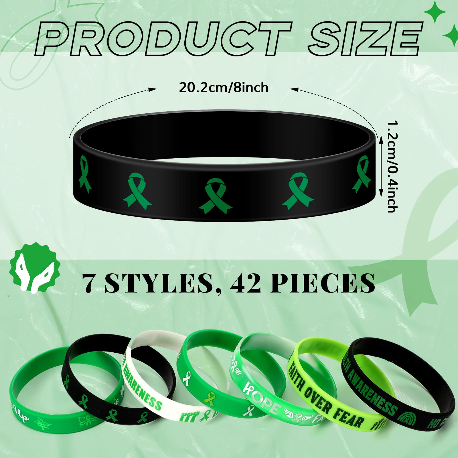 JUNEBRUSHS 42pcs Mental Health Awareness Silicone Wristband Bulk Green Ribbon Inspirational Rubber Bracelets for Mental Health Awareness Faith Courage Hope Party Favor Gift Supplies(7 Style)