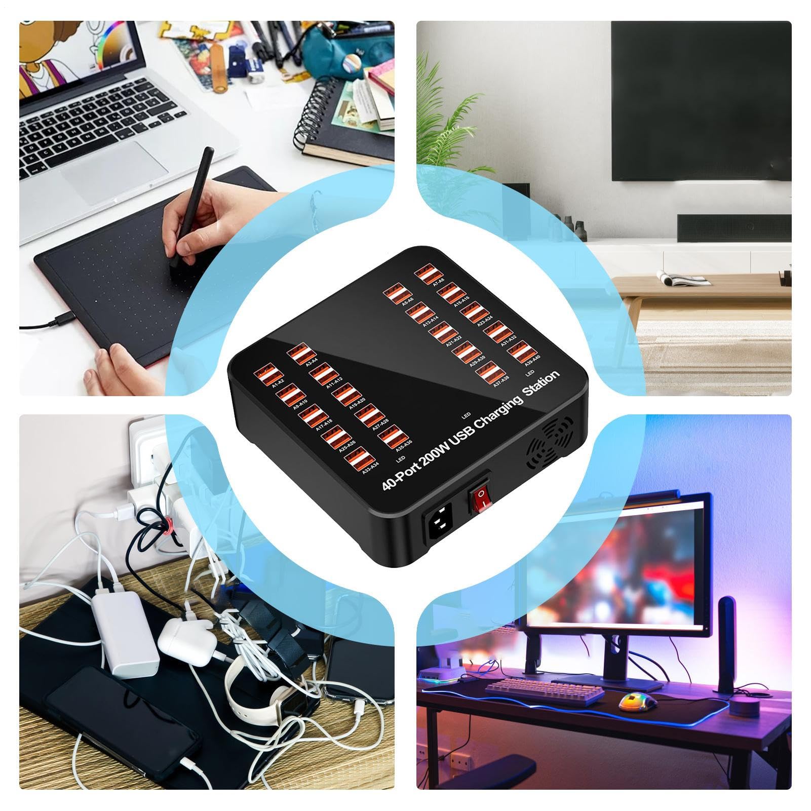 Stazione Di Ricarica Rapida USB Hub Di Ricarica A Porte Multiple | Adattatore Portatile per Laptop Smartphone Tablet Casa Ufficio Viaggio Scuola Hotel