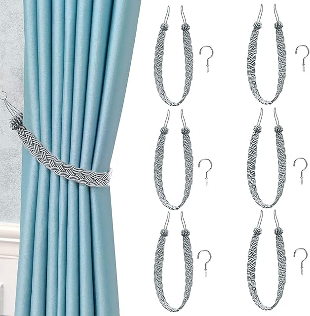 VEGCOO 6 Pieces Hand Knitting Curtains Tied Rope Simple Type Curtain Tie Backs with 6 Pieces Metal Curtain Tieback Hooks for Window Curtain Accessories(Grey)