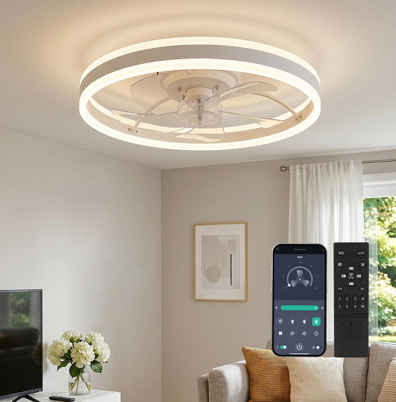 Deckenventilator mit Beleuchtung IEGLED, Fernbedienung und APP Steuerbar, 3000K-6000K, DC-Motor, 6-Stufige Geschwindigkeitsregelung