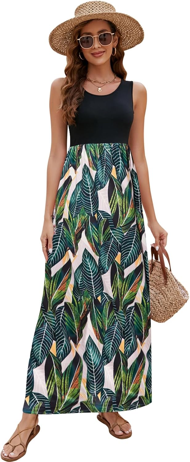 Sherosa Women's Summer Sleeveless Boho Floral Maxi Dresses Chevron Striped Casual Tank Flowy Long Sundress Beach Vacation - Image 3