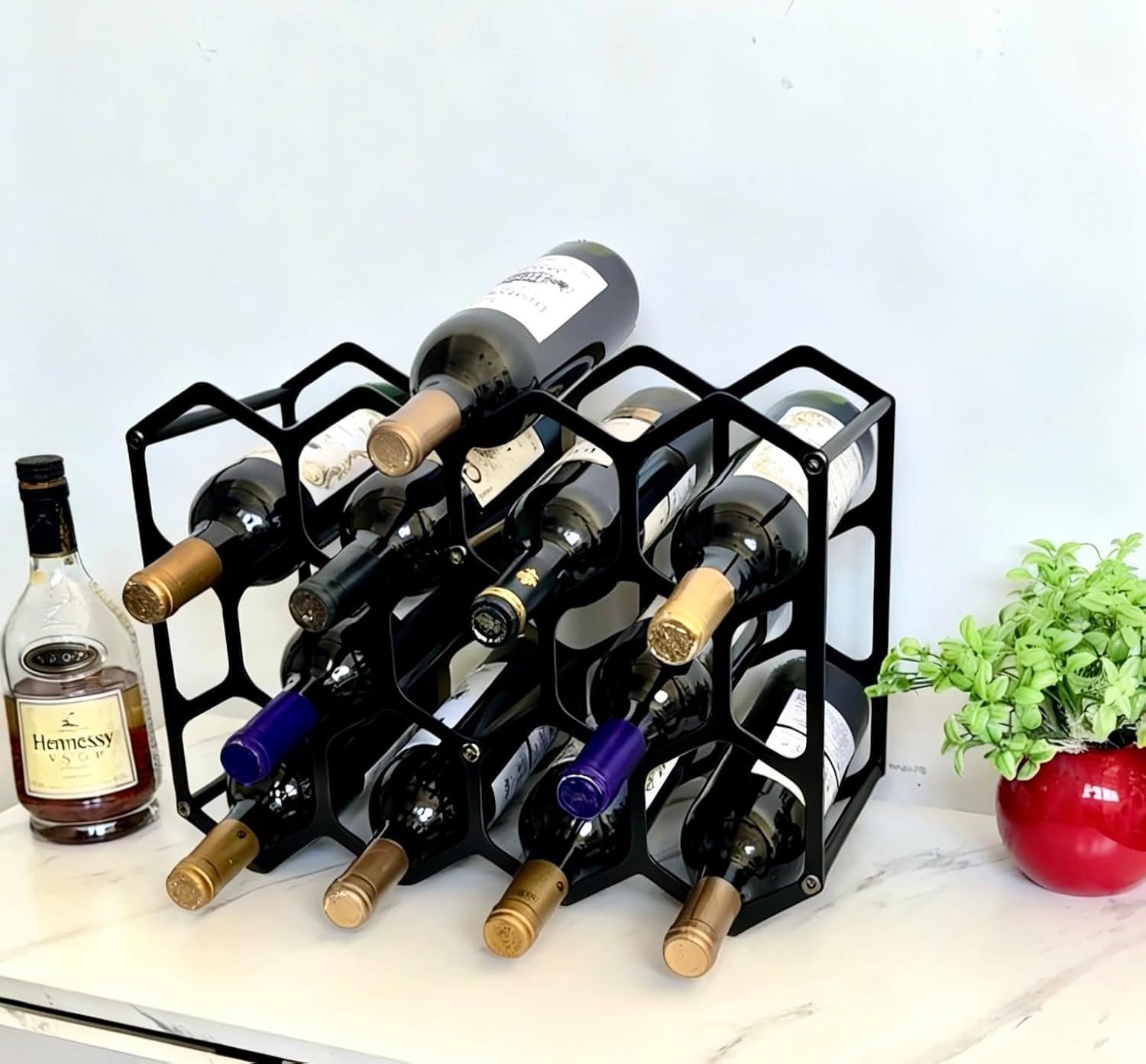 AT-VALY Countertop Wine Rack,Durable and Sturdy Freestanding 14 Bottle Wine Holder for Home Decor, Bar,Cabinet,Pantry (Black)