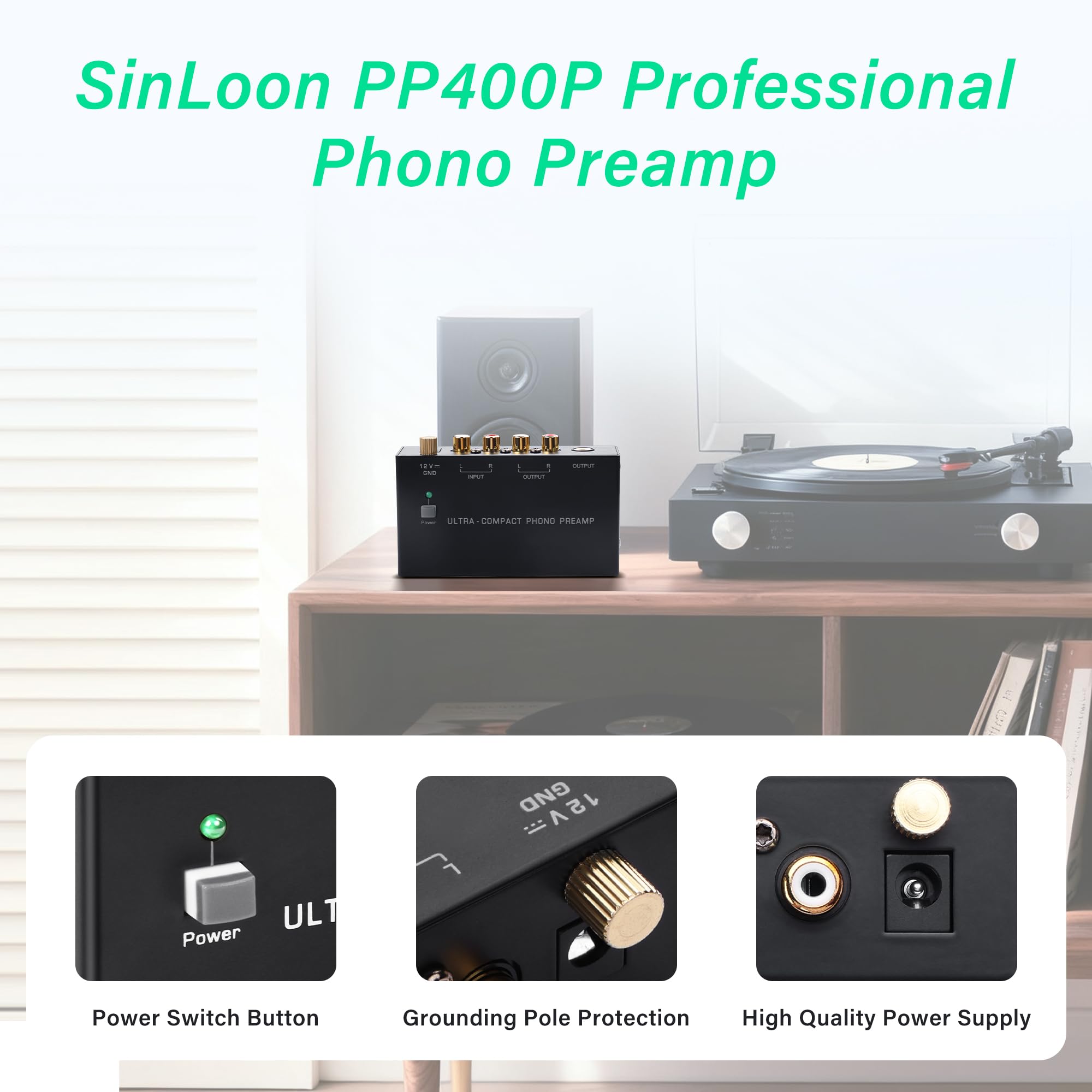 SinLoon PP400P Phono Preamp z podwójnym wyjściem RCA i ¼ cala, przełącznik zasilania, niski poziom szumów, czarny