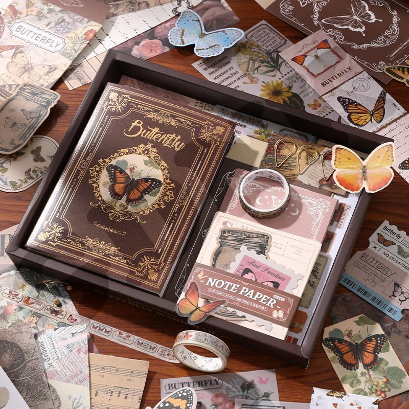 Image of GDNK 346pcs Vintage Journal Scrapbook Pack Kit for Art Journaling Bullet, Planners DIY Paper Stickers, Craft Kits Notebook, Collage Album Aesthetic Sticker (Moonlight) (Brown Butterfly)
