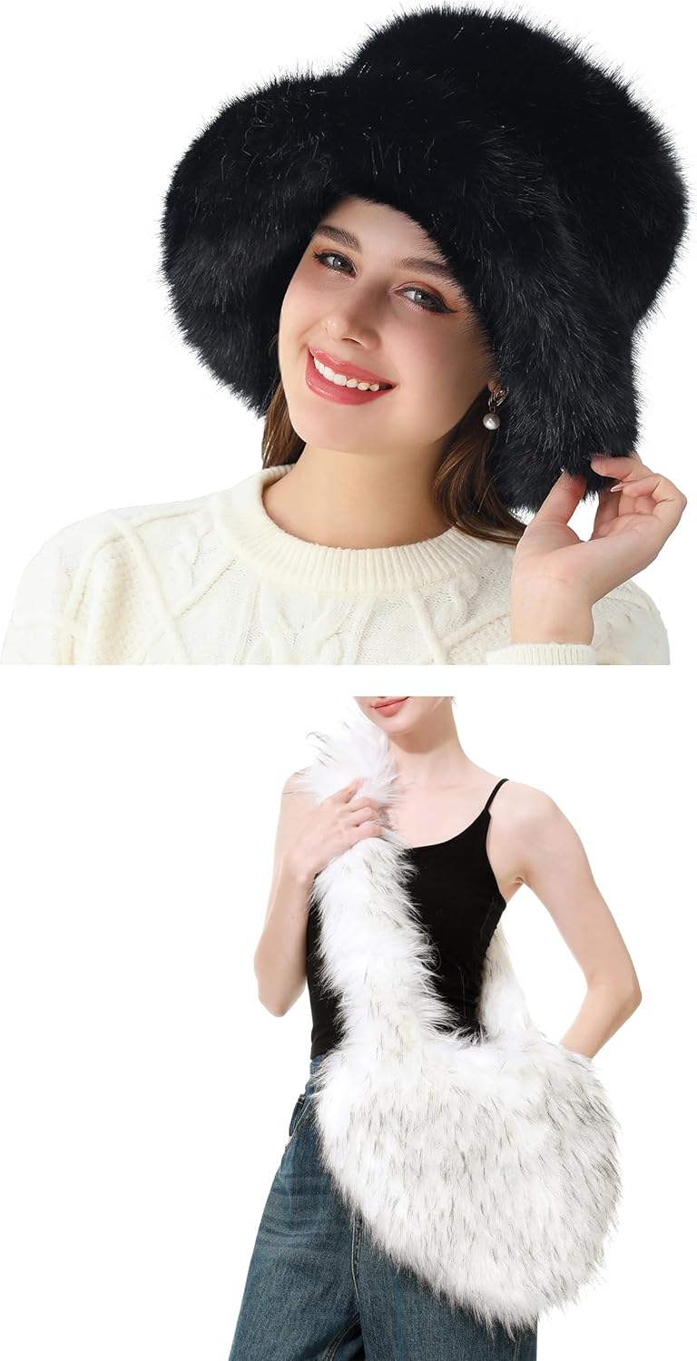 Rulala Fancy Womens Faux Fur Bucket Hats Wide Brim Fluffy Cap and Faux Fur Heart Shaped Shoulder Crossbody Bag