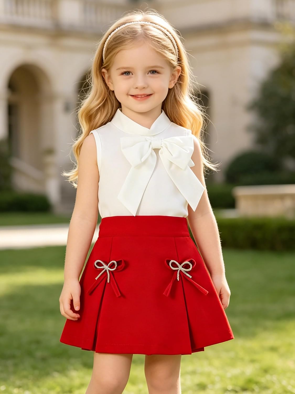 Lejafay Girls Tops And Pleated Skirt Set 2 Piece Outfit Spring Summer Clothes for School Pic Dance Red 6-7 Years