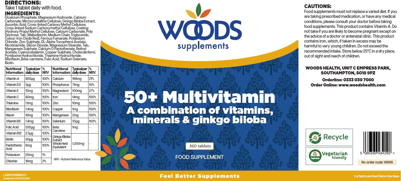 Woods Supplements – 50+ Multivitamins 90x Tablets Multi Vitamins for Men and Women 50 Plus with Minerals, Vitamins A, B, C, D, E, Folic Acid, Zinc, Selenium and Ginkgo Biloba