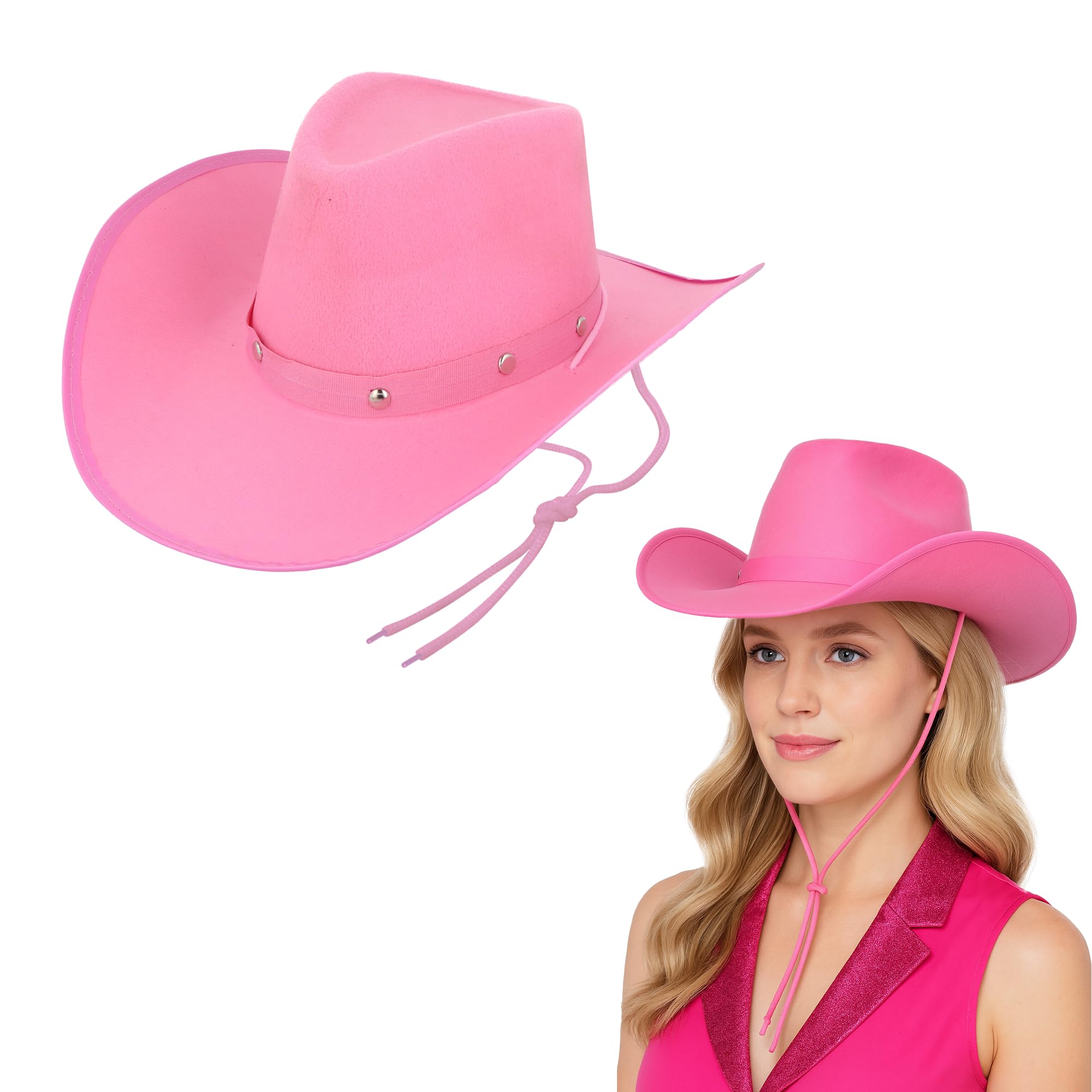 Navoys Pink Cowgirl Hat with Silver Studs - Wide Brim, Girl's Cowboy For Festivals, Bachelorette Parties, Concerts, Hen Night, Wild West, Fancy Dress Accessories (Silver Studs)