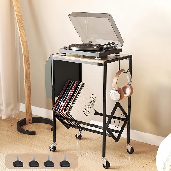 Record Player Stand,Vinyl Record Storage Table,2 Tier End Table Nightstand Turntable Table with Wheels for Living Room Bedroom Office
