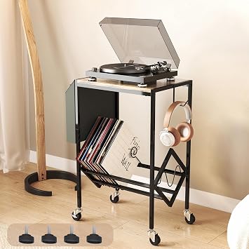 Record Player Stand,Vinyl Record Storage Table,2 Tier End Table Nightstand Turntable Table with Wheels for Living Room Bedroom Office