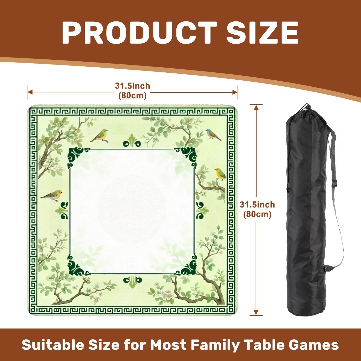 Mahjong Mat with Carrying Bag 31.5" x 31.5" Non-Slip Noise Reduction Chinoiserie Green Blossoming Branches Small Birds Leaves Flowers Table Mat for Mahjong Poker Dominoes Card Board Tile Games