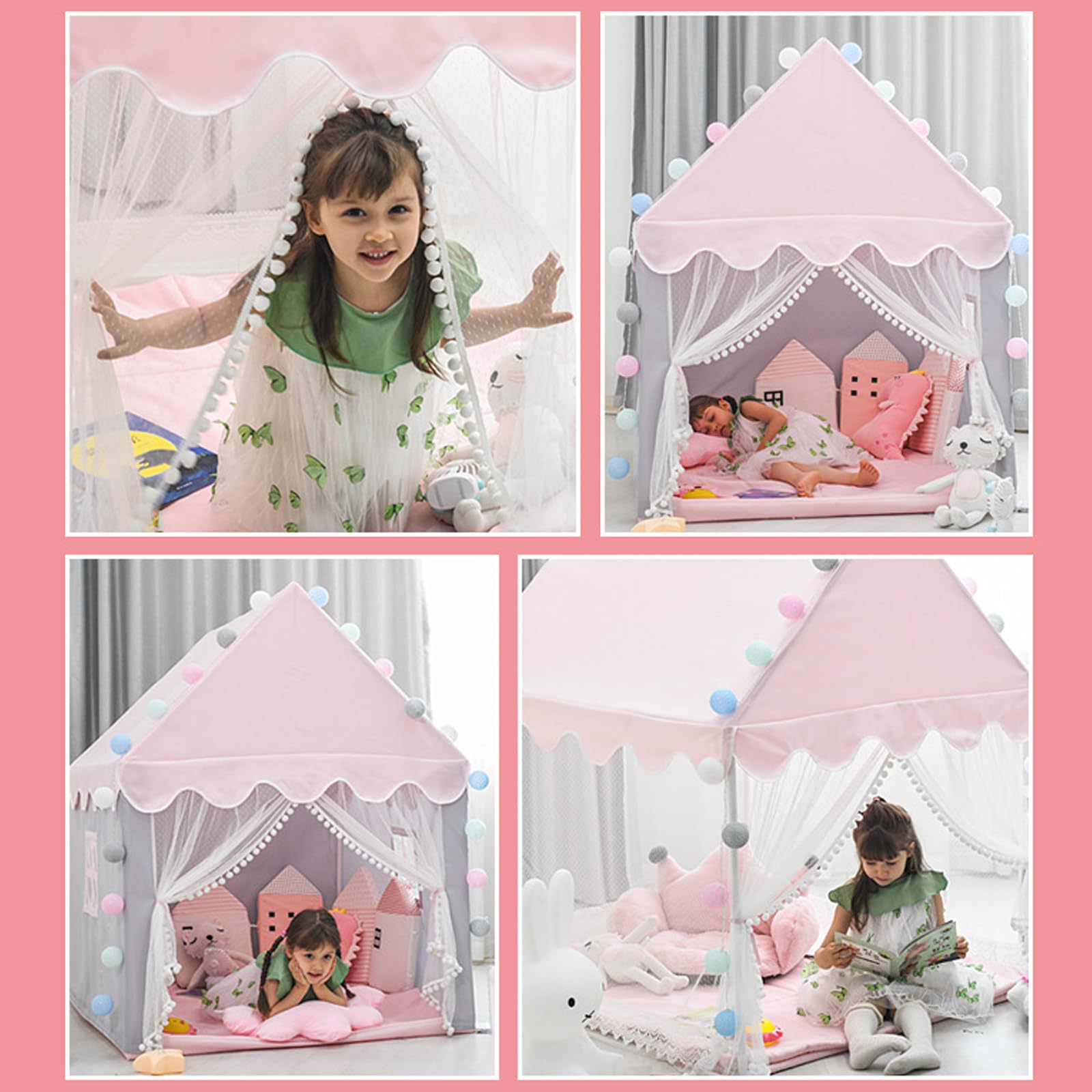 Tenda per Bambini Cameretta, Tenda Gioco Bambina Capanna per Ragazza da Interno, Casetta per Figliola‌ per Regalo di Natale (Rosa & Grigio,100×120×130cm)