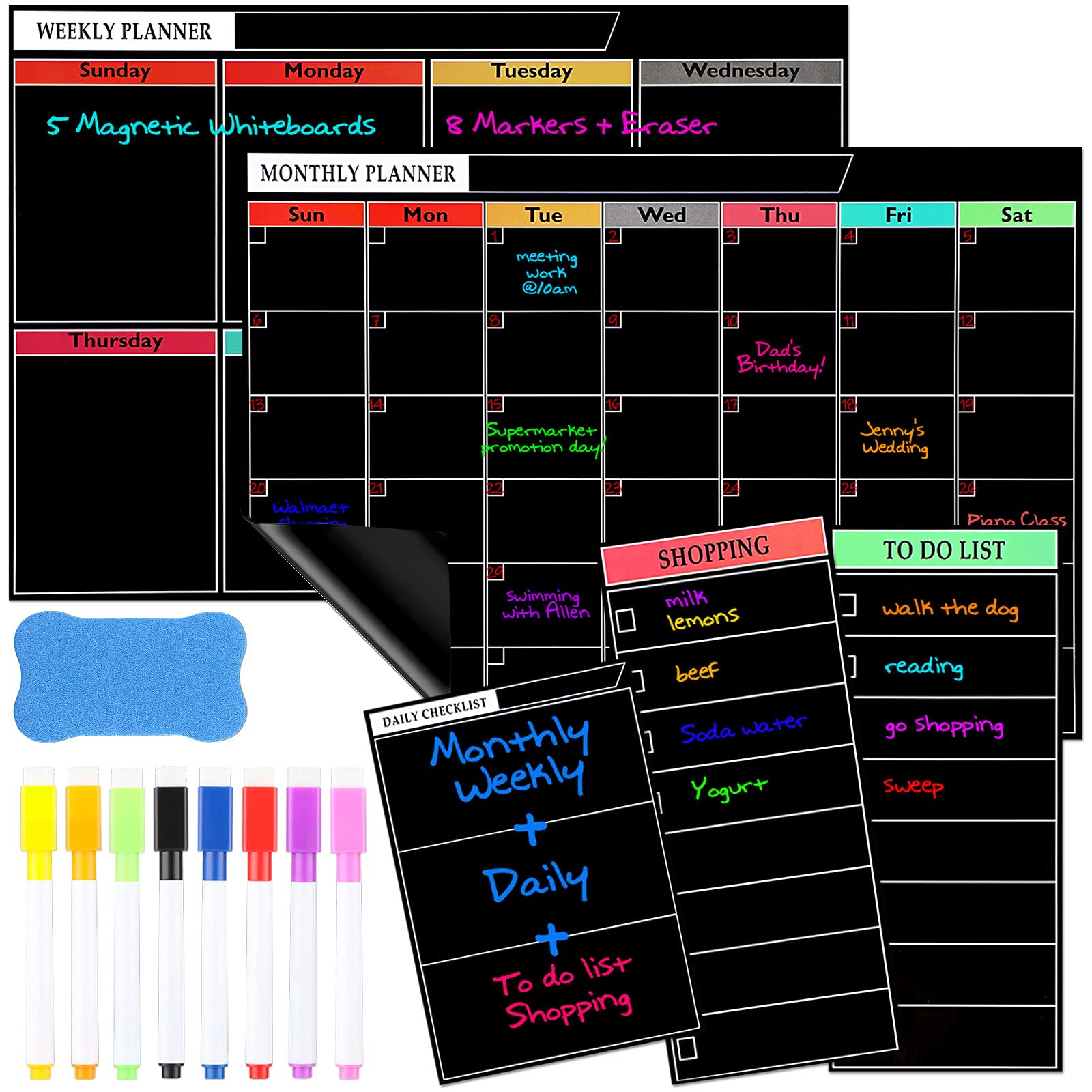 Fuutreo Juego de calendario magnético de borrado en seco, incluye planificador mensual de pizarra, notas semanales y diarias magnéticas, lista de tareas y bloc de notas de compras para pared y
