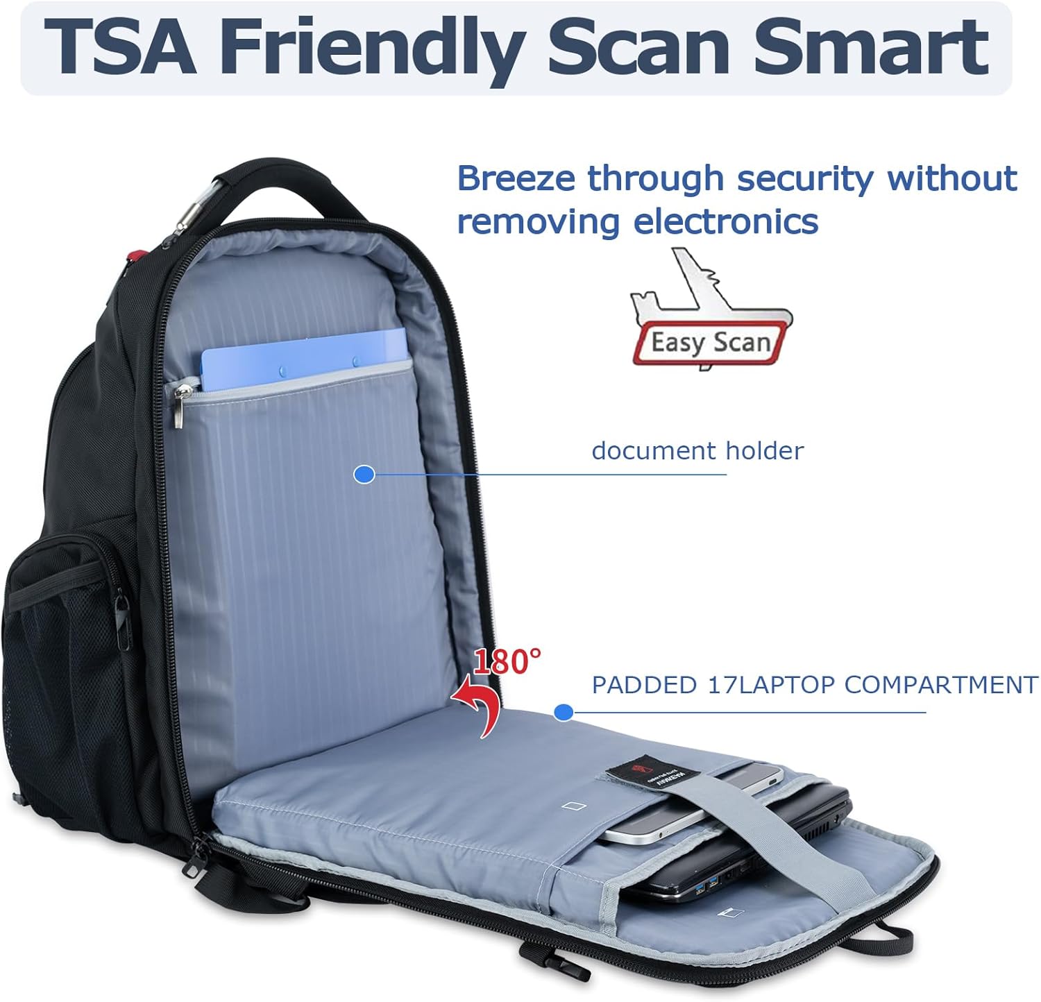 VANKEAN 17.3'' Travel Laptop Backpack TSA Friendly, Water Resistant Anti Theft Extra Large College Backpacks with RFID Pockets, USB Port for Men Women Business Work Bag, Black - Image 4