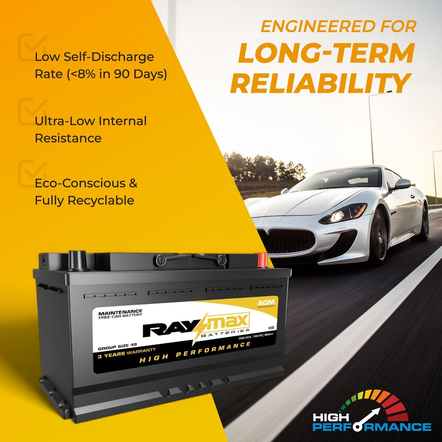 AGM Car Battery H8 Group Size 49 – 12V 900 CCA | 95Ah | Maintenance-Free Battery for Cars, Trucks & SUVs – Deep Cycle, Cold Weather Ready | Size: 13.90"L x6.89"W x7.48"H